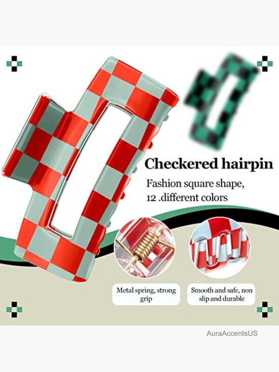 12 Pack Hair Claw Clips 3.2 Inch Nonslip Plaid Rectangle Claw Clip Strong Hold